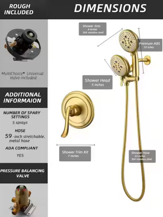 ELLO&ALLO
Single-Handle 24-Spray Shower Faucet and Handheld Shower Combo with 5 in. Shower Head in Brushed Gold (Valve Included)