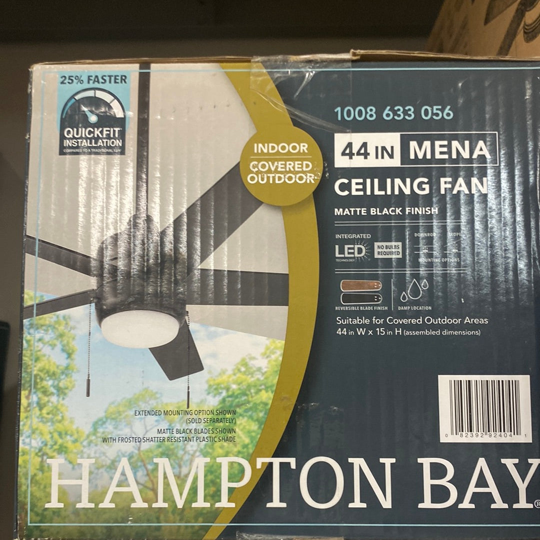 Hampton Bay
Mena 44 in. LED Indoor/Outdoor Matte Black Ceiling Fan with Light Kit and Reversible Blades Included